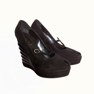 YSL Black Suede Robyn Wedge Pumps